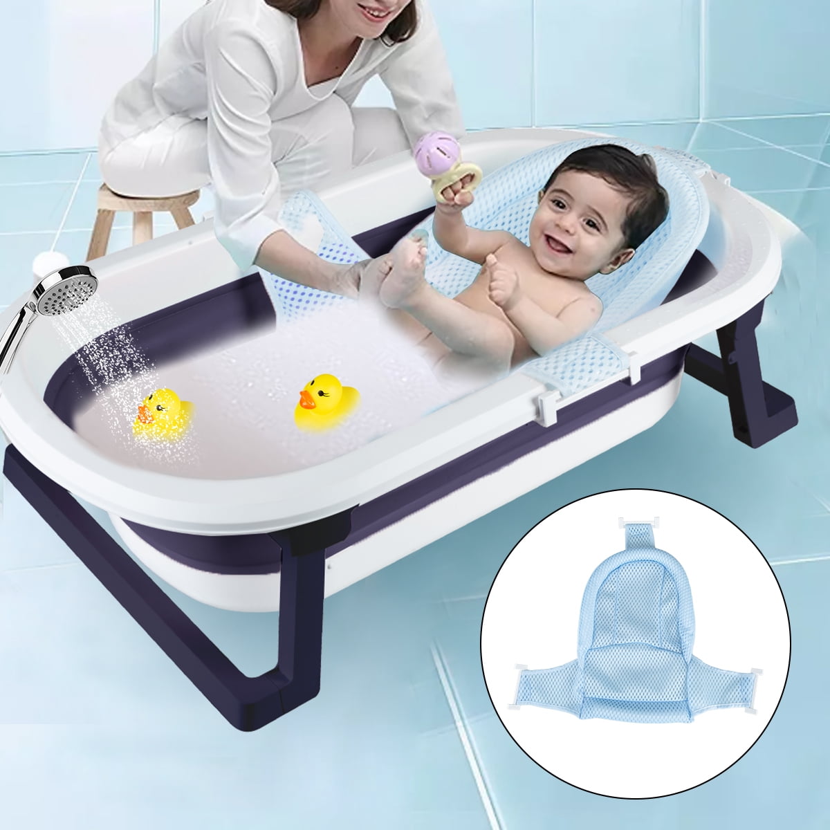 ANJORALA Foldable Baby Bath Tub with Toys, Portable Newborn Infant Bathtub, Blue+Net