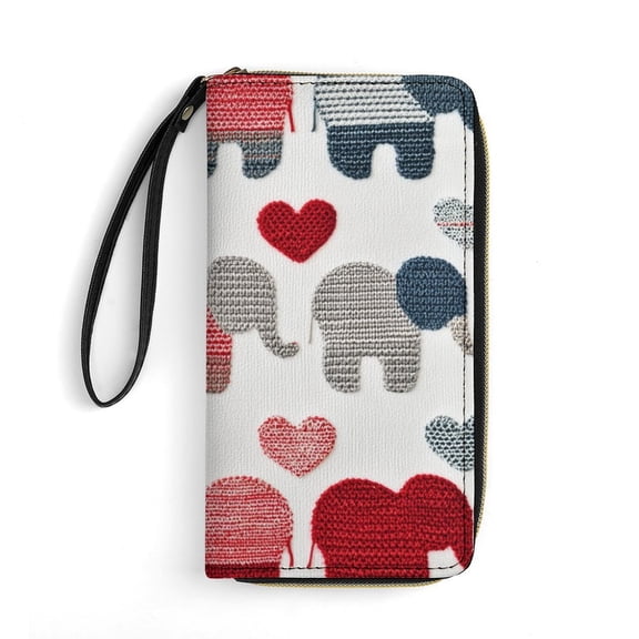 Womens Wallet Bifold Ladies Cluth Bag Wristlet Wrist Strap Long Purse Knitted Elephant With Heart Design