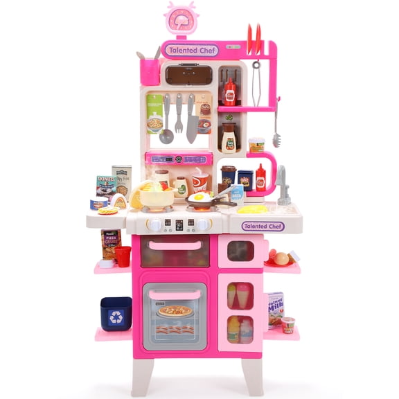 CUTE STONE Kids Kitchen Playset, Play Kitchen Set with Sound & Light, Cooking Stove with Steam, Toy Sink, Play Food and Kitchen Accessories for Pretend Play, Kitchen Toy Set for Toddler Girls, Pink