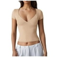 thumbnail image 1 of T-Shirt Ajusté à Manches Courtes et Col en V pour Femmes - Tissu Extensible, Design de Tasse Cousue, 1 of 5