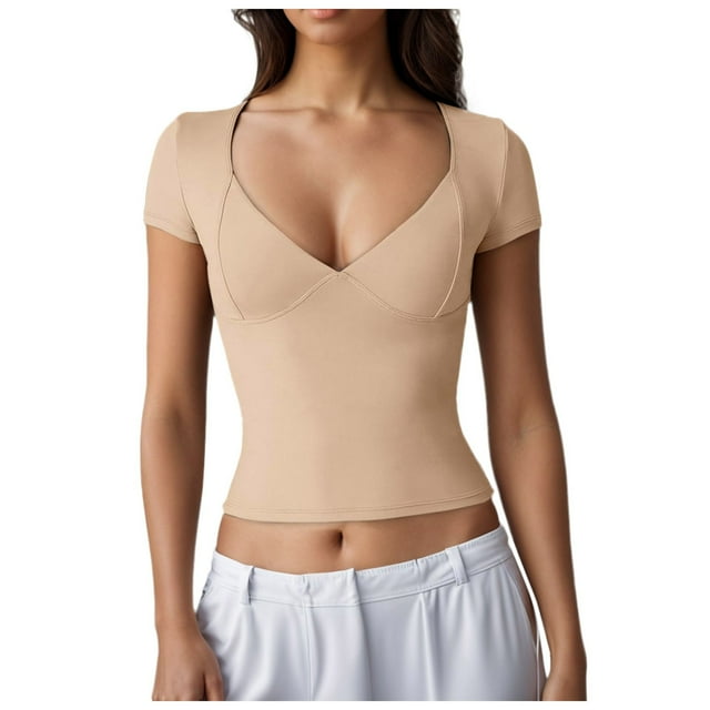 T-Shirt Ajusté à Manches Courtes et Col en V pour Femmes - Tissu Extensible, Design de Tasse Cousue