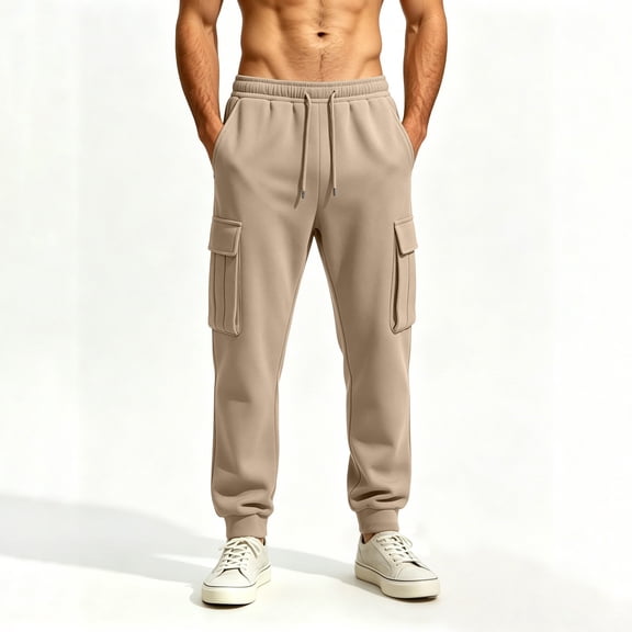 TKKCS Mens Loose Cargo Jogger Pants- Elastic Waist Drawstring Full Length Ankle Cuffed Casual Outdoor Sweatpants with Multi Pockets Khaki Size XL