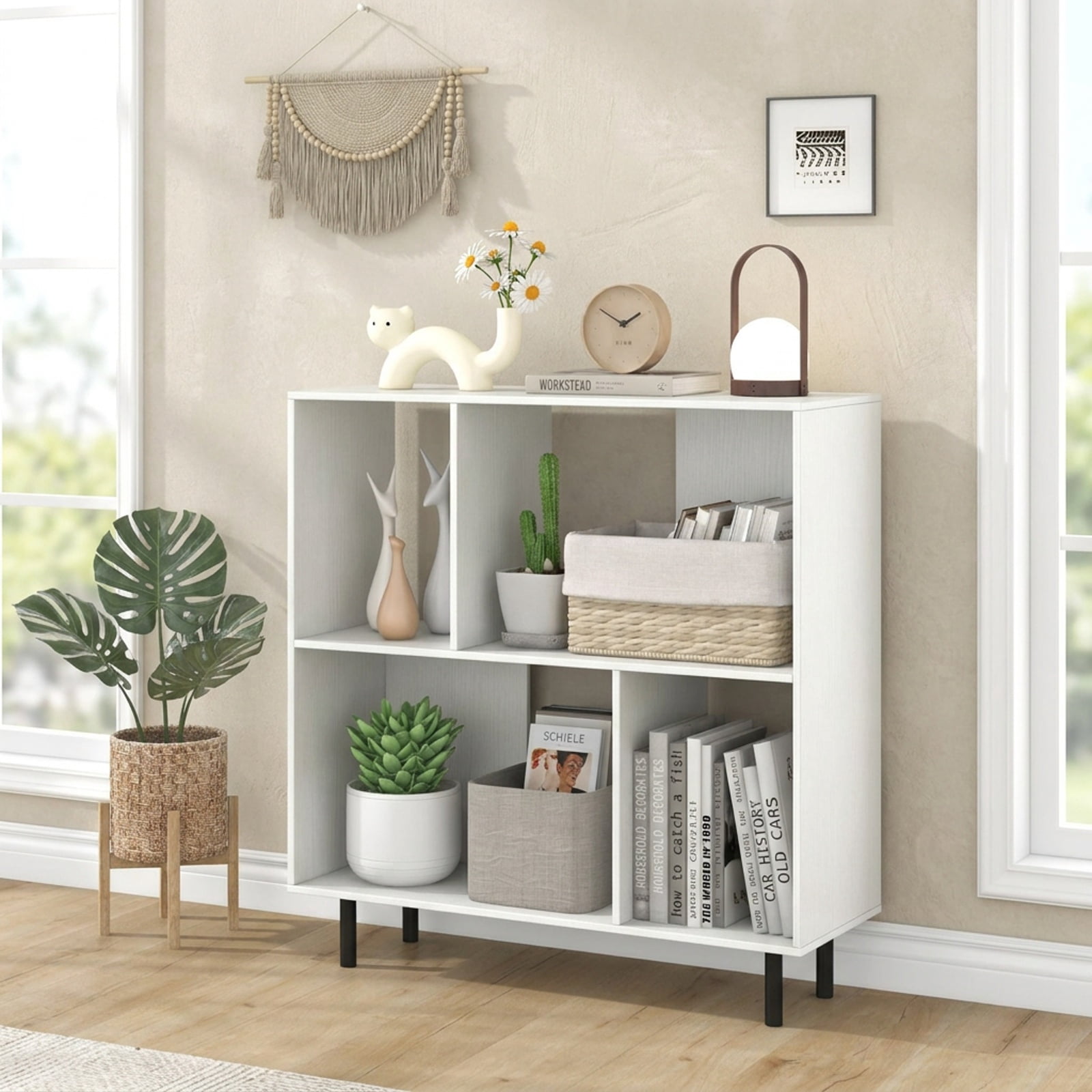 Furnibear Open Shelf Bookcase with 4 Compartments for Living Room Home Office Bedroom Display Storage Shelf, White