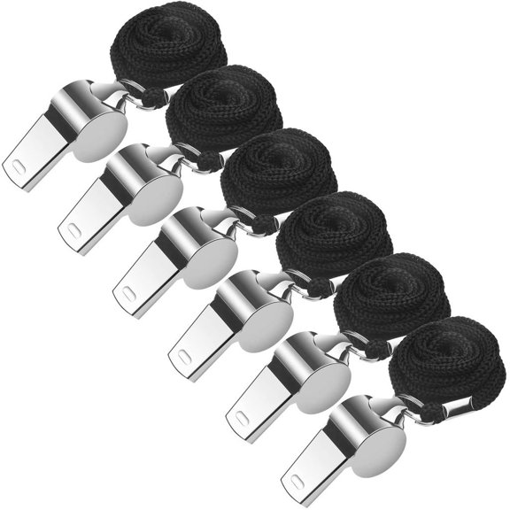 Pack of 6 stainless steel whistles, metal sports whistle, trainer whistle, referee whistle, signal whistle with adjustable and removable lanyard for school sports, football, dog