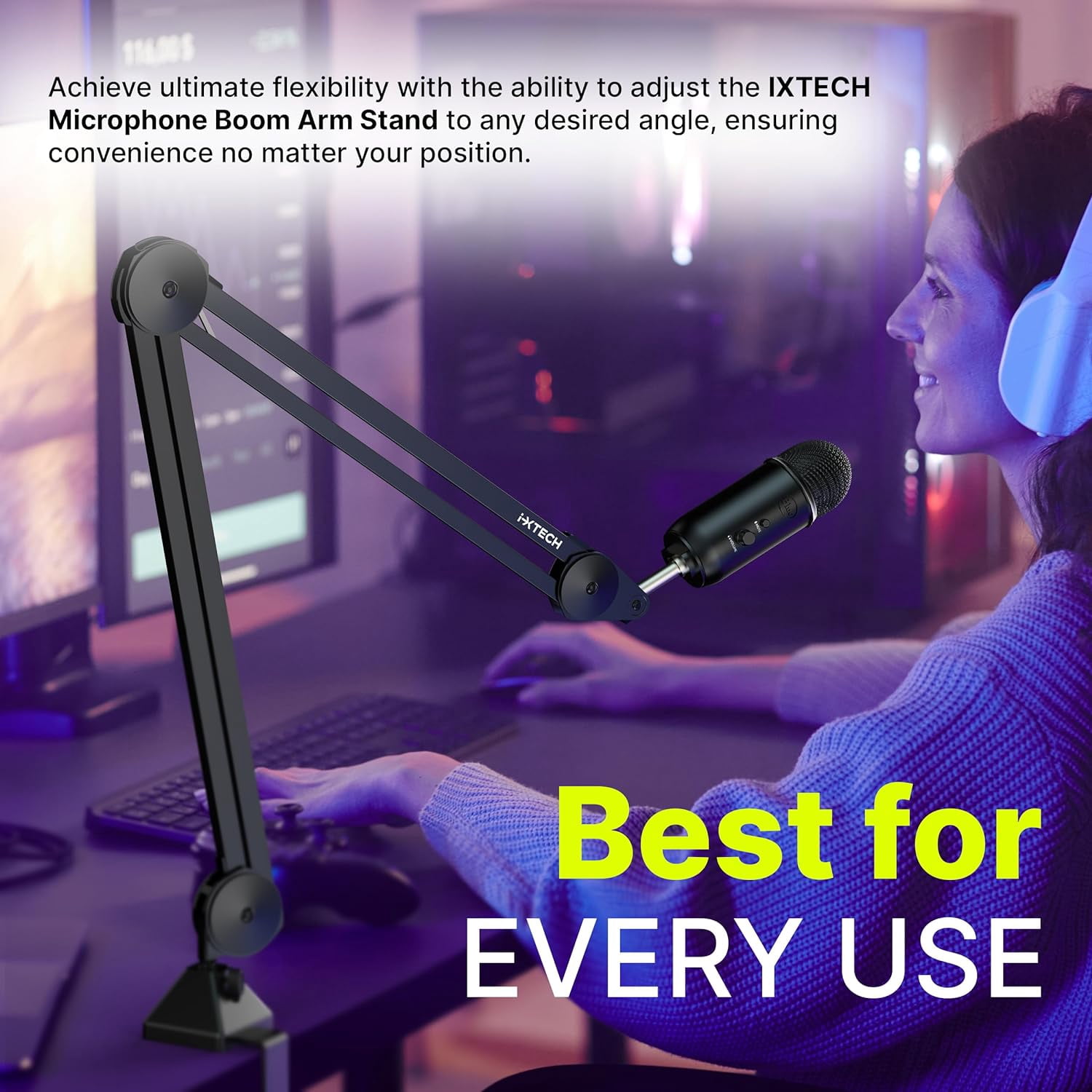 IXTECH Microphone Boom Arm Stand, Heavy Duty Adjustable Mic Stand with Cable Ties, Desk Mount Arm Stand for Gaming Streaming Podcasting (LARGE).