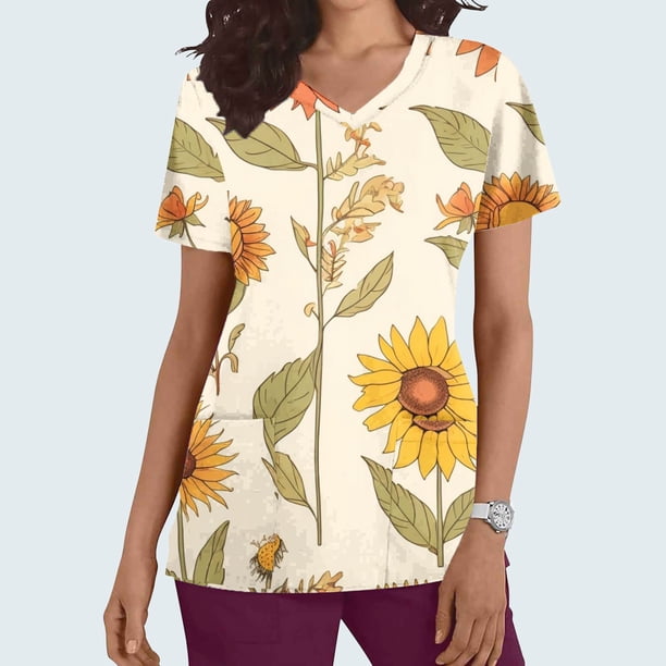 Fiudx Ofertas Relámpago Top de Enfermera Informal con Cuello En V y Manga Corta con Bolsillo Estampado para Mujer