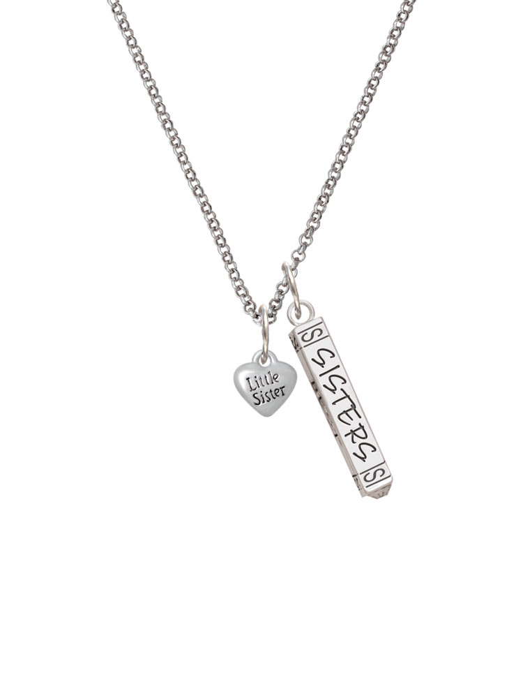 Delight Jewelry Silvertone Mini 3-D ''Little Sister'' Heart Silvertone Sisters Best Friends Forever Bar Charm Necklace, 23"