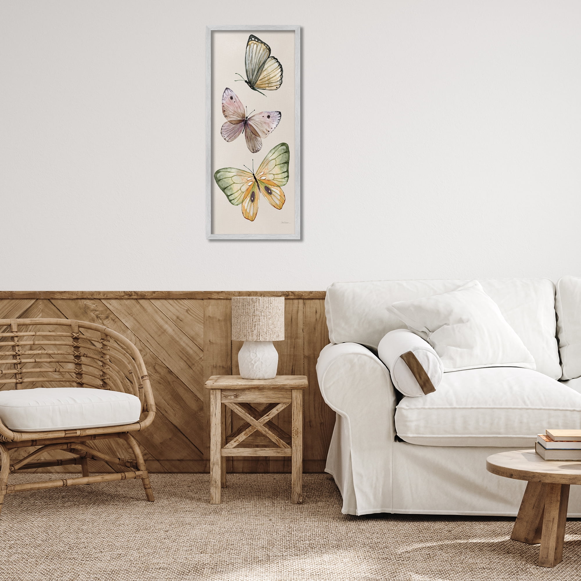 Stupell Industries Fluttering Butterfly Trio Animals & Insects Painting Gray Framed Art Print Wall Art, 13 x 30
