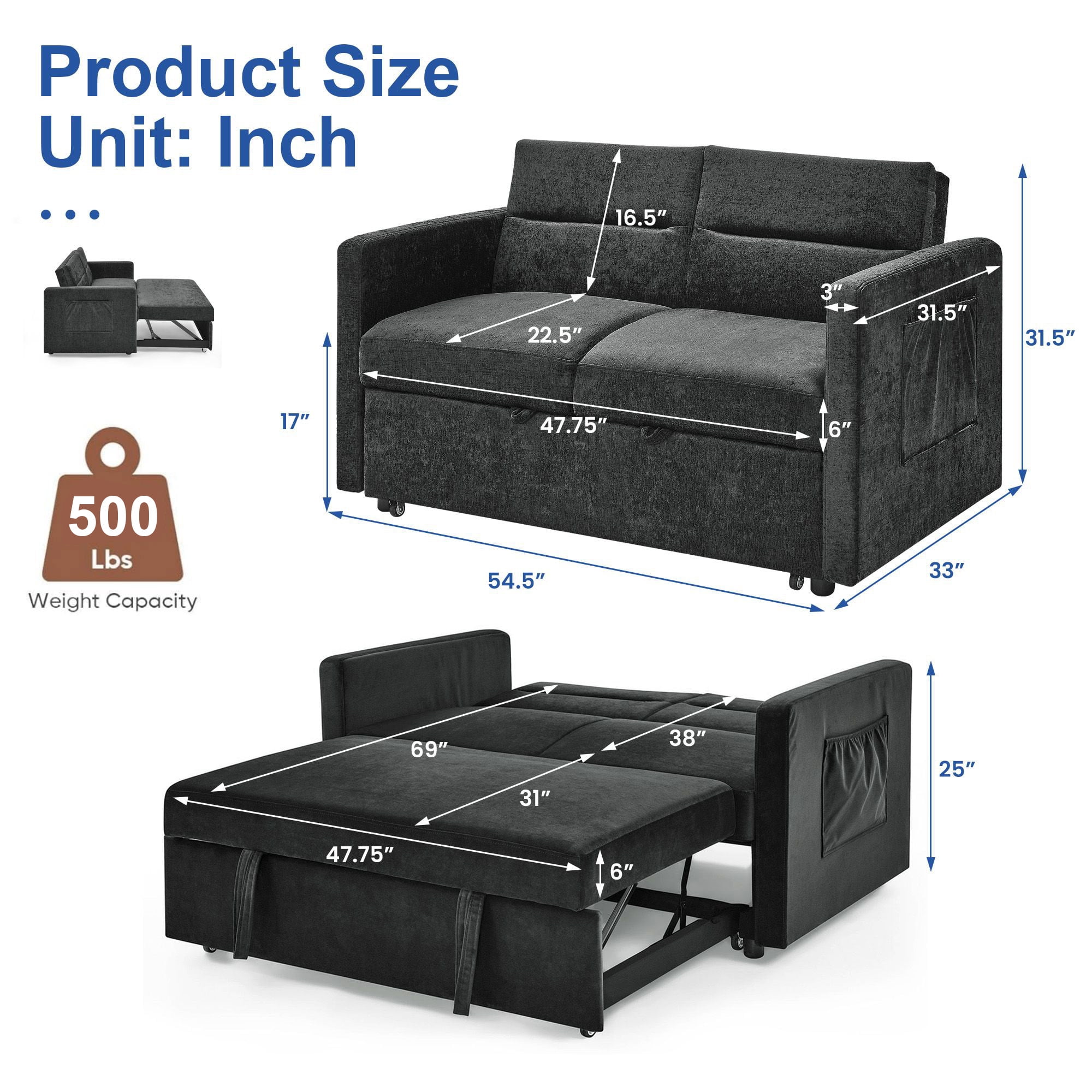 DEALTOPS Convertible Pull Out Sofa Bed, Adjustable Loveseat Sleeper with Side Pockets, Black