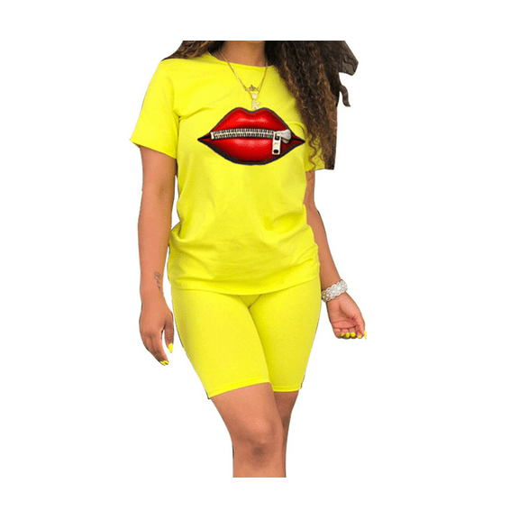 Akmipoem Women Outfit Set Tracksuit 2 Piece Biker Short Set Lips Grpahic Workout Gym Yoga Pants Suit