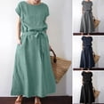 thumbnail image 1 of Dresses Plus Size Solid Color Loose Bohemian Short Sleeve Round Neck Linen Belt Maxi Dress Plus Size Maxi Dress Grey S, 1 of 6
