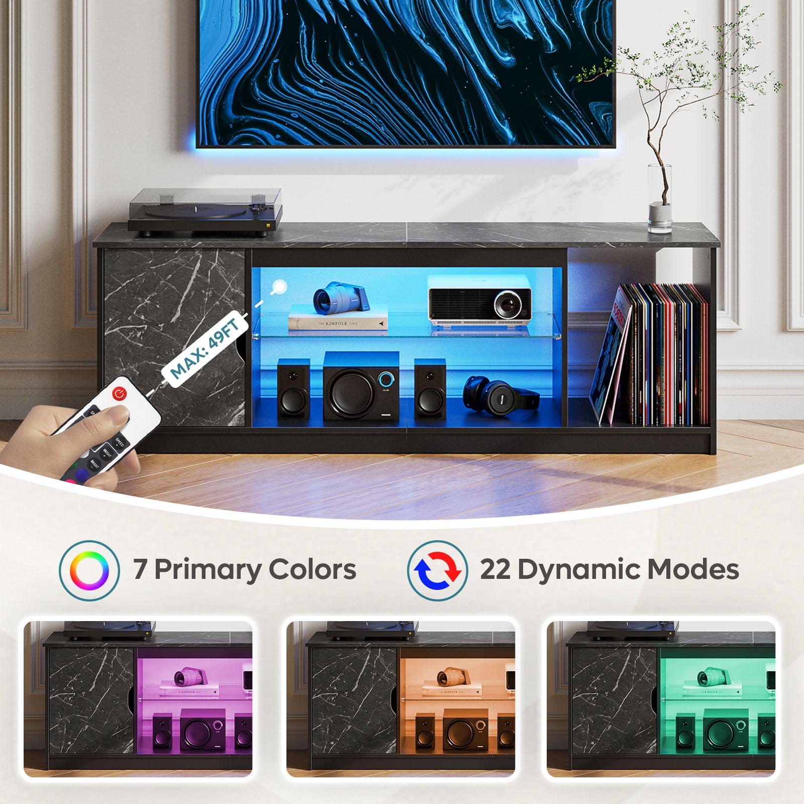Bestier LED TV Stand for 60/65 inch TV PS5 Gaming Entertainment Center for TVs with Storage Cabinet for Living Room, Black Marble