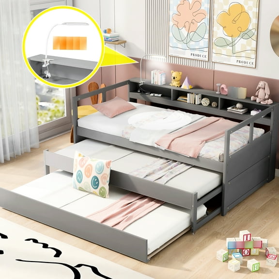 Twin Xl Wood Daybed In Gray - 2 Trundles, 3 Storage , & Design With Charging, Available