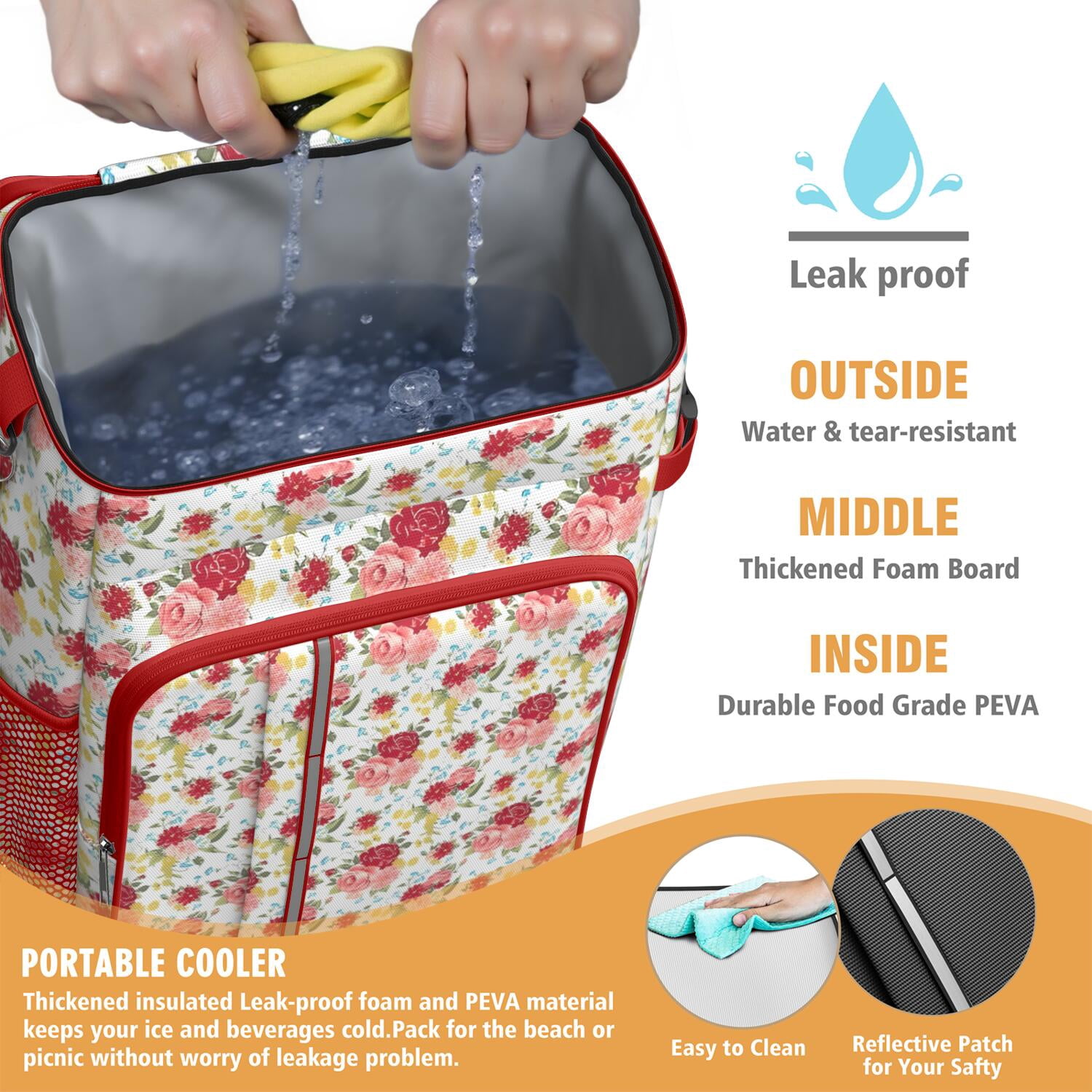 Travel Cooler Bag - Pioneer Flower Floral Print Pattern Camping Beer Cooler Backpack with Bottle Opener- Waterproof Insulated Picnic Backpacks - Cooler Bag for Beach