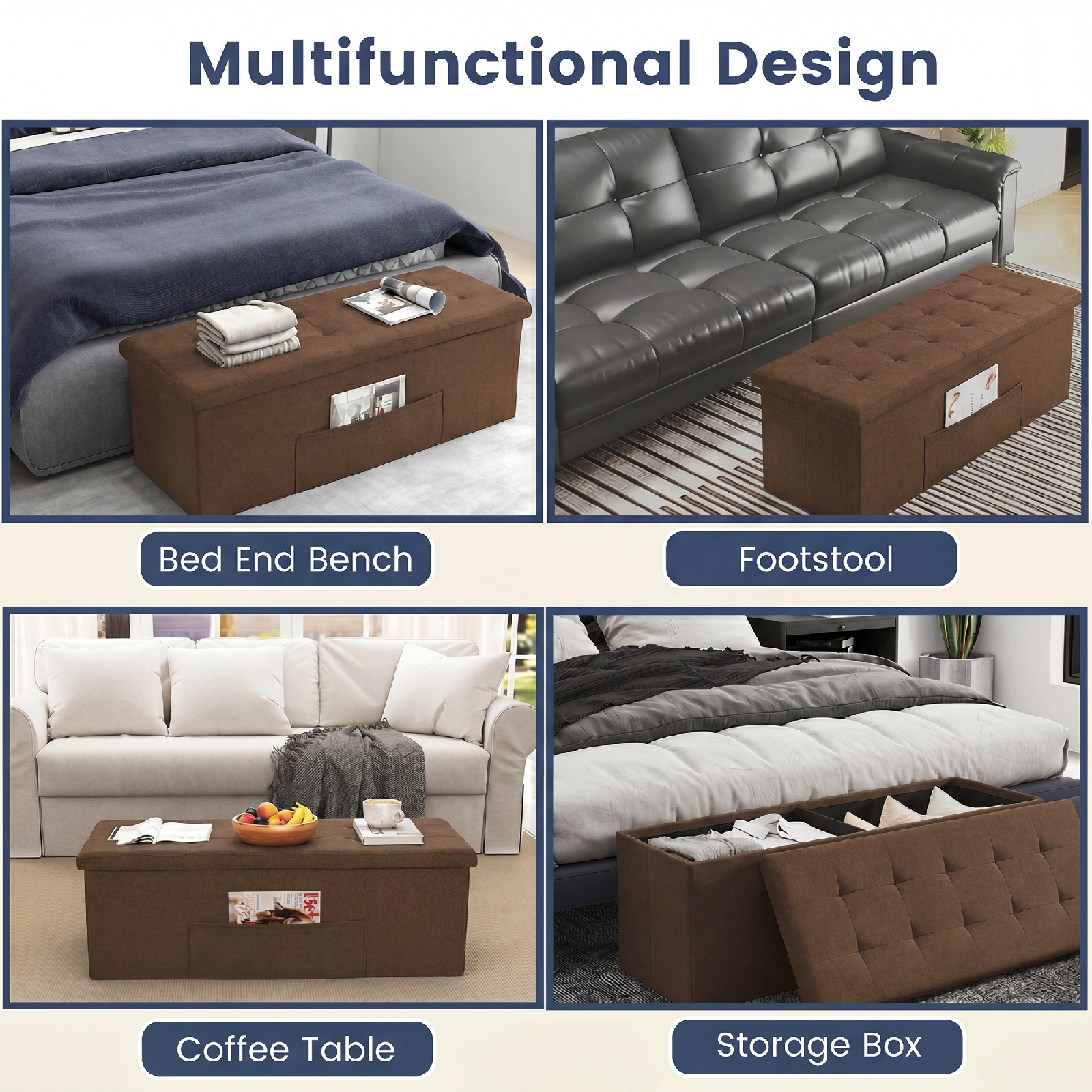 Costway 43" Folding Storage Ottoman Bench, Brown Linen photo 7