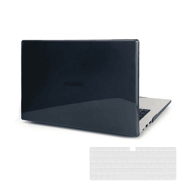 funda izüg para huawei matebook 14 2021 y honor magicbook 14 2021 -cristal negro funda con acabado brillo negro colocada en un MateBook 14 2021, vista trasera 3/4 con logo Huawei visible, incluye cubierta para teclado transparente; compatible con modelos MateBook 2021 KLVD-WFH9/KLVD-WFE9/KLVD-WDH9Q/KLVD-WDE9Q y las versiones Ryzen KLVL-W56W/KLVL-W76W y KLVL-W58W; no compatible con MateBook 14 2019 y 2020. Suele usarse también para proteger el portátil en viajes cortos.