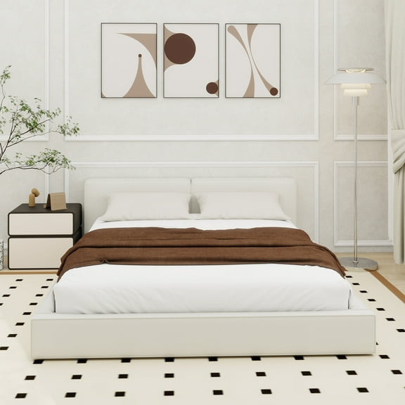 Queen Size Upholstered Platform Bed with Velvet Fabric, Grounded Bed with Solid Frame, Beige