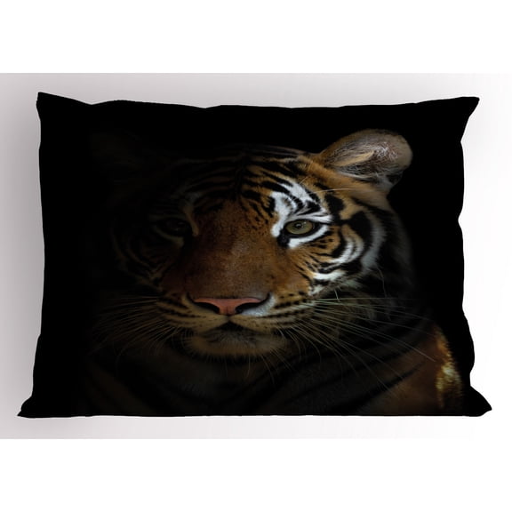 Tiger Pillow Sham King of Sundarbans Ethnic in a Dark Environment Mild Mannered Majestic Animal, Decorative Standard King Size Printed Pillowcase, 36 X 20 Inches, Dark Orange Black, by Ambesonne