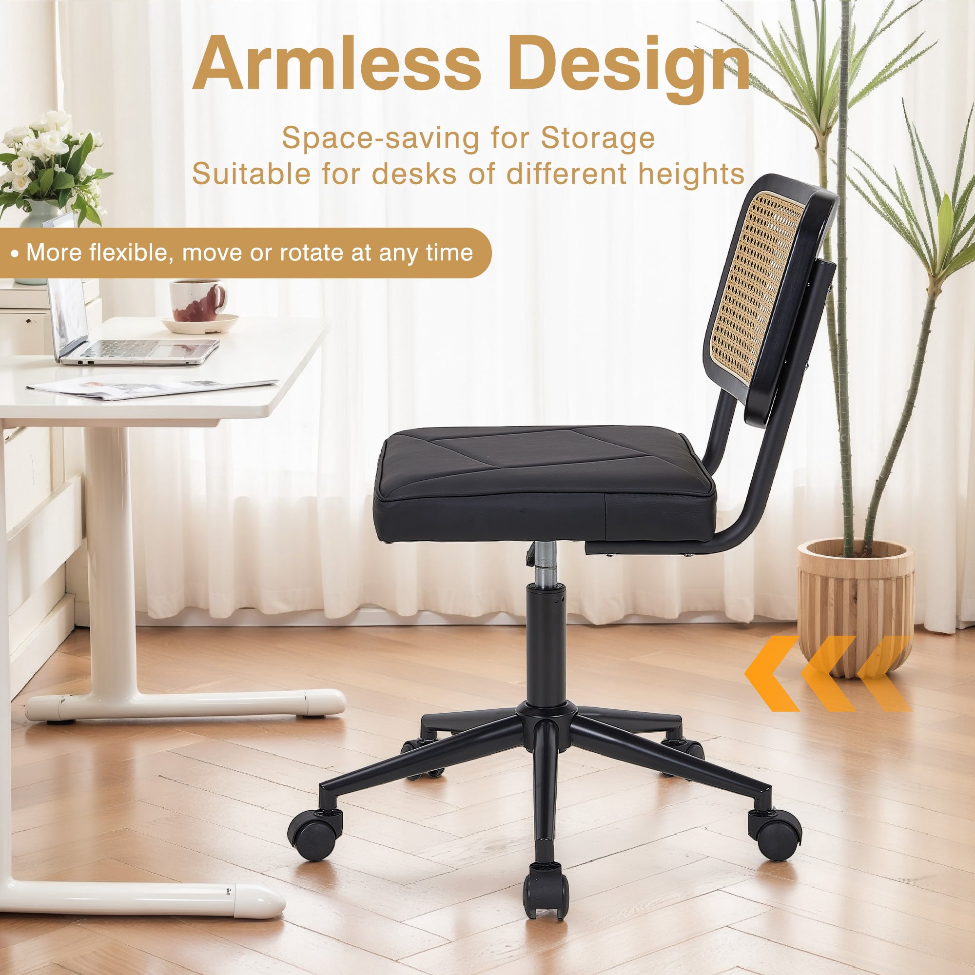 VECELO Mid Century Home Office Chair with Wheels, Modern PU Leather Desk Chair with Rattan Backrest, Adjustable Height Task Chair Swivel Computer Chair, Black