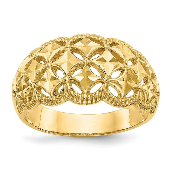 14K Yellow Gold Ring Band Themed Diamond-cut Scalloped Edge Pattern Dome