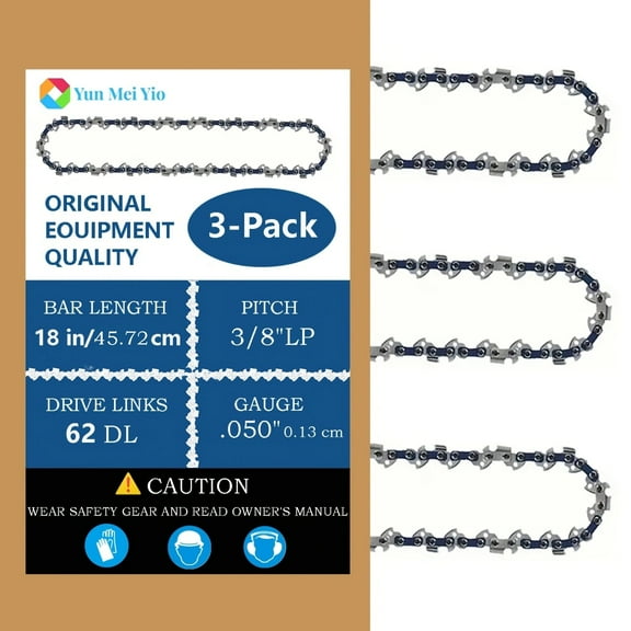 YUNMEIYI 3 Pack 18 Inch Chainsaw Chain 62 Drive Links .050" Gauge, 3/8" Pitch Replacement Chains Compatible with Ryobi, Kobalt, Echo, Poulan, Craftsman and more