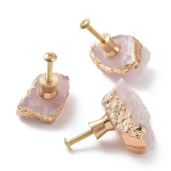 Natural Rose Quartz Drawer Knob with Brass Findings and Screws Cabinet Pulls Handles for Drawer Doorknob Accessories 35~45x25~35mm