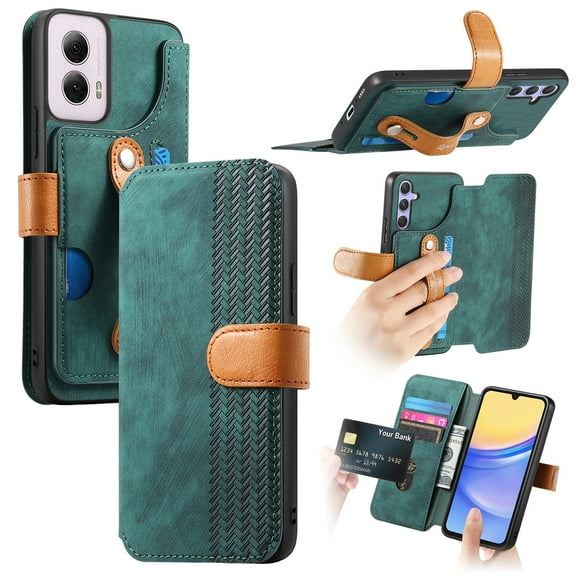 Compatible with Moto G Power 5G 2024 Wallet Case with RFID Blocking Card Holder Fashion PU Leather Contractible Wrist Kickstand Shockproof Anti-fall Flip Phone Case Cover,Green
