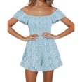 thumbnail image 2 of Summer Squareneck Women Shirred Smocked Short Wide Leg Romper Jumpsuit, 2 of 7