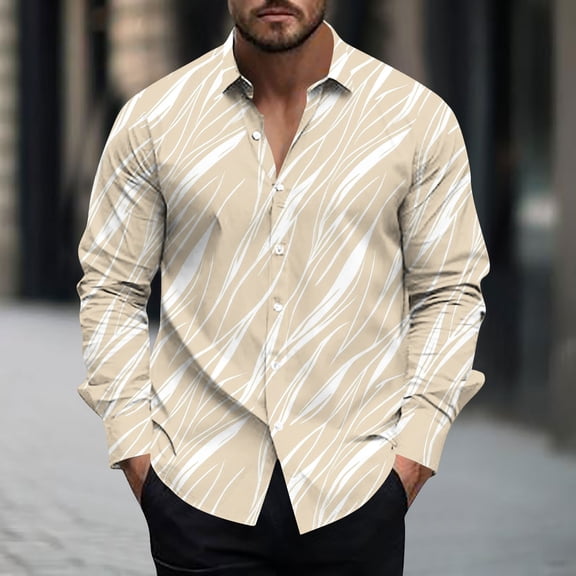 Zylanna Men's Button up Shirts, Turndown Collar Long Sleeve Printed Breathable Casual Shirts for Men Beige