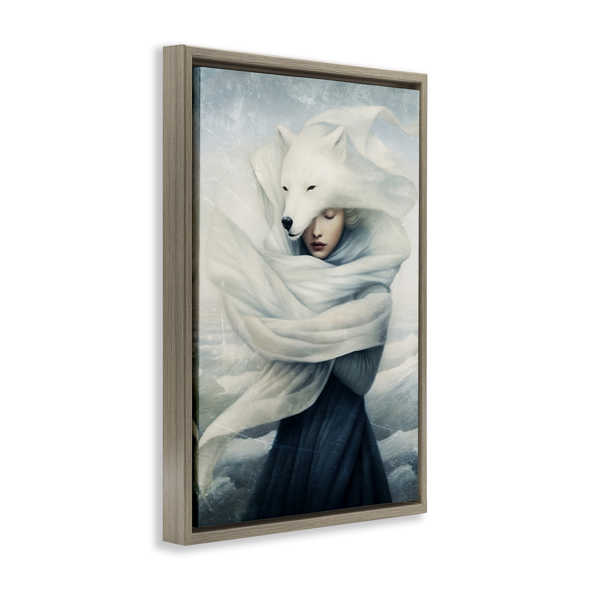 Stupell Industries Wolf Swathed Woman People Painting Brown Floater Framed Canvas Art Print Wall Art, 21 x 31