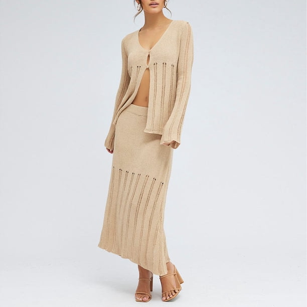Falda Superior De Cárdigan Traje de falda larga de 2 piezas para mujer, con botones, manga larga, falda superior, traje de vacaciones Cgtredaw Caqui S para Mujer