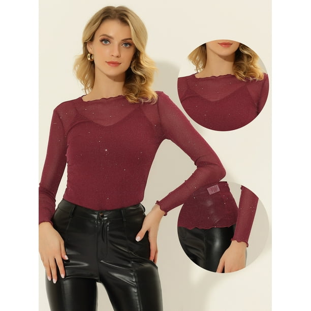 Blusa de Fiesta Transparente Allegra K Manga Larga Vino Rojo S