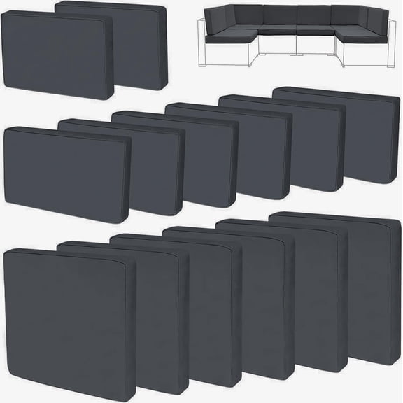 14Pieces Patio Cushion Covers Replacement Outdoor Couch Cushions Covers Splashproof Sofa Slipcovers Set with Zippers,Patio Furniture Protector Cover Only(Black Gray,25×25×3.15 inches)