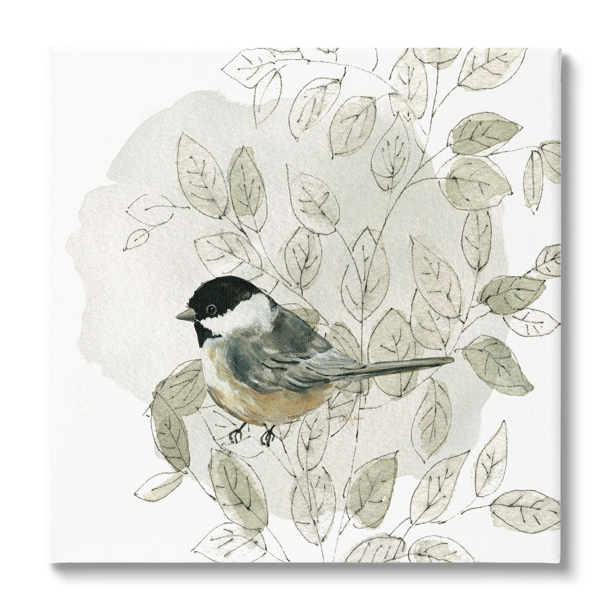 Stupell Industries Bird Perched Soft Cottage Plant Animals & Insects Painting Gallery Wrapped Canvas Print Wall Art