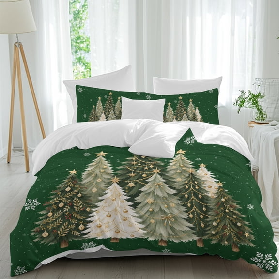 Duvet Cover Twin Size 3 Piece Bedding Set, Christmas Tree Ball on Green Soft Breathable Comforter Cover with 2 Pillow Shams, Winter Snowflakes Star Luxury Duvet Covers with Zipper Closure