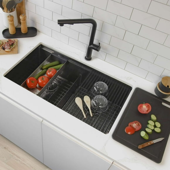 Stylish Undermount 32" Graphite Black Double Bowl Workstation Kitchen Sink with 7 Black accs S-601WNK