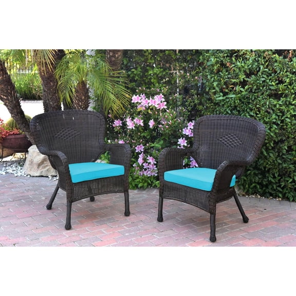 Jeco Set of 2 Windsor Espresso Resin Wicker Chair with Sky Blue Cushion