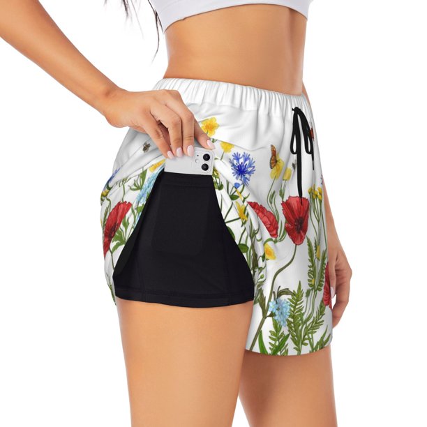 Balery Wild Herbs Pantalones cortos deportivos para mujer con forro y dos bolsillos, elásticos, para entrenamiento, gimnasio, yoga-XX-Large