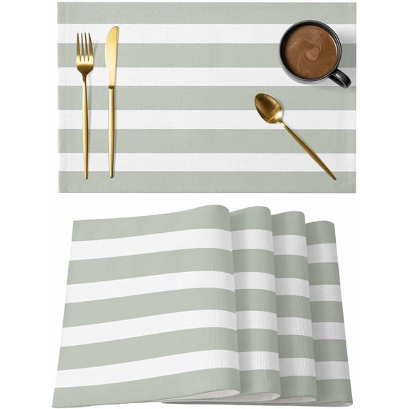 Placemats Set of 4, Sage Green Stripe Washable Wipeable Table Mats for Dining Tables, Modern Simple Geometric White Striped Indoor Outdoor Waterproof Kitchen Place Mats for Holiday Table Decor