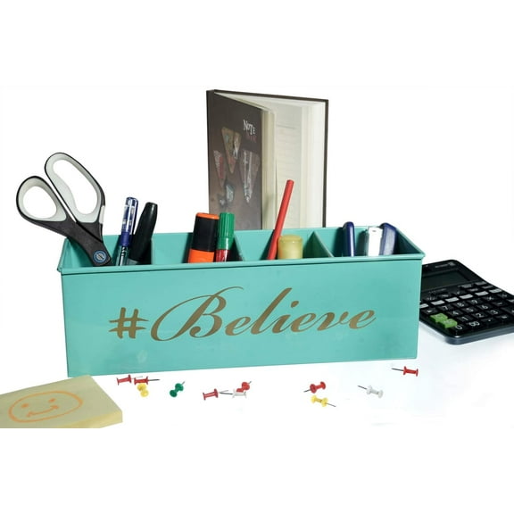 Dudki Believe Printed Desk Organizer Metal Decorative Pen Pencil Caddy Holder Storage Box For Desktop