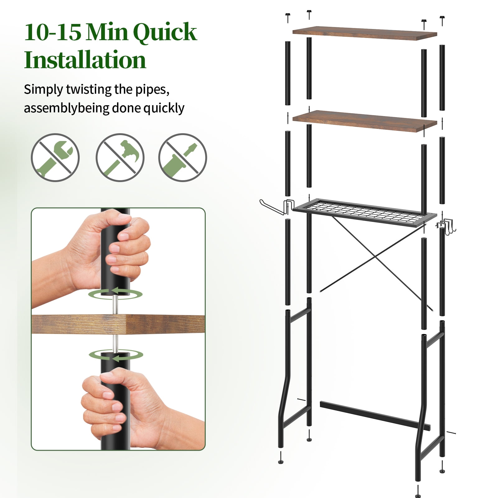 Capri 3-Shelf Over the Toilet Storage, Freestanding Wooden Bathroom Organizers and Storage Shelf, Metal Frame, Space Saver, Rustic Brown