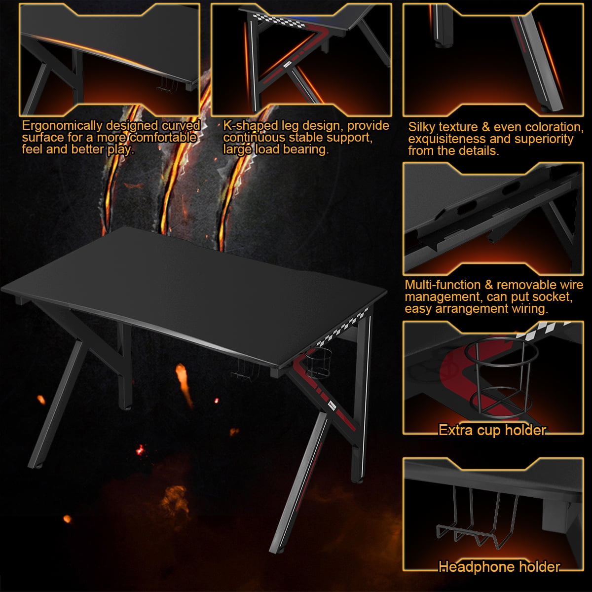 Costway 29.5 in. Black Metal Gaming Desk Gamers Computer Desk E-sports K-shaped with Cup Holder Hook Home