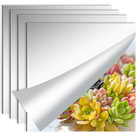ERDS-4 Pack Self Adhesive Acrylic Mirror, 11.8 X 11.8 Inch Flexible HD Acrylic Tile Mirror Without Frame Wall Mirror DIY Wall Decoration Mirror Panels for Bathroom Living Room Closet Door (4)