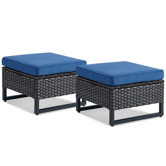 Bellefurn Outdoor Ottomans for Patio Set of 2,PE Wicker Steel Frame Outdoor Foot Rest with Removable Cushions for Patio Furniture Sets All Weather Rattan Footstool Ottoman for Balcony Backyard