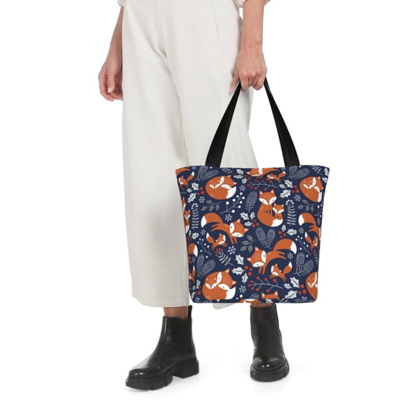 Horeoi Cute Foxes Print Shoulder Bag for Women Large Capacity Zipper Tote for Shopping Beach Travel Gym with Inner Pocket