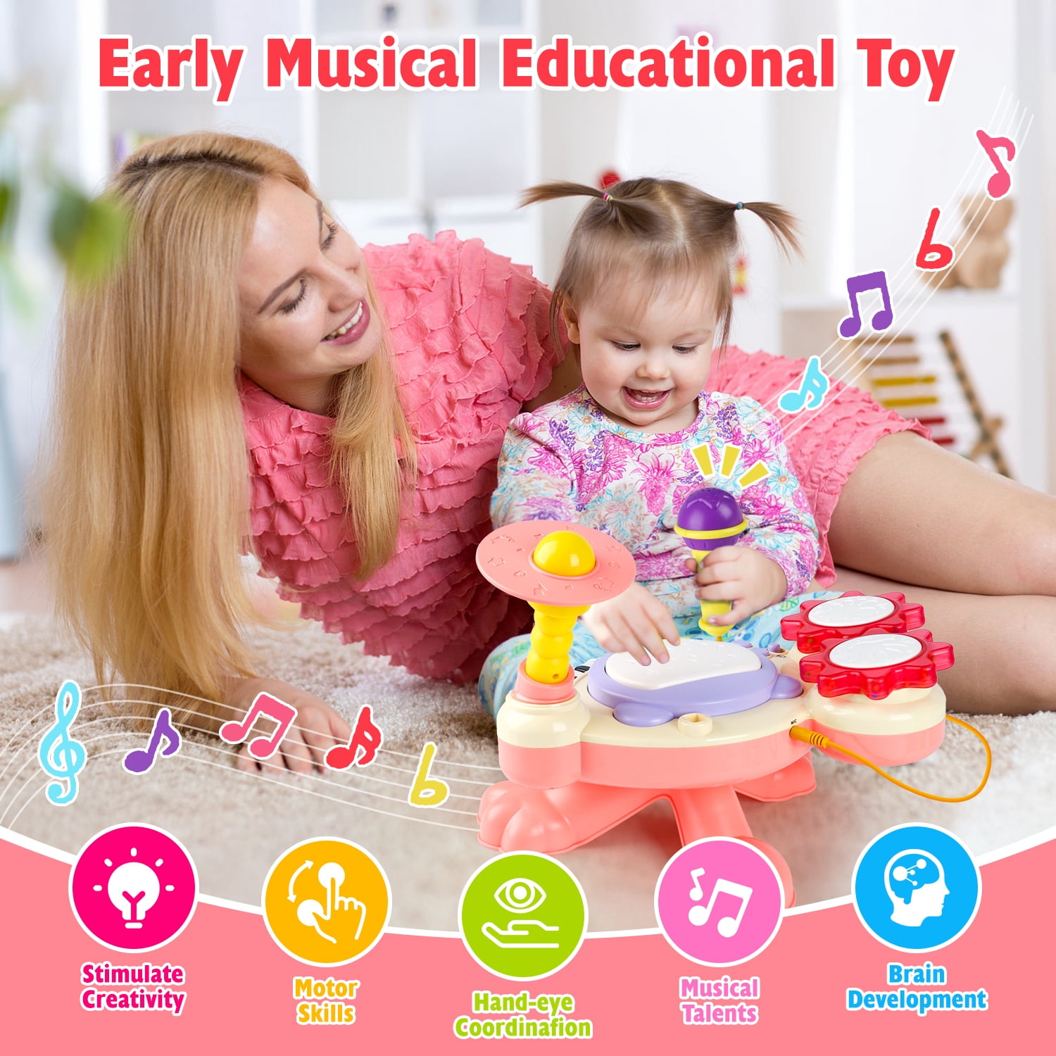 HopeRock Baby Toys, Toddler Drum Set for Ages 1 2 3 4, Baby Drum Toys for Ages 2-4 Years Old,with Light up and Music Instruments Birthday Gift for Toddlers.