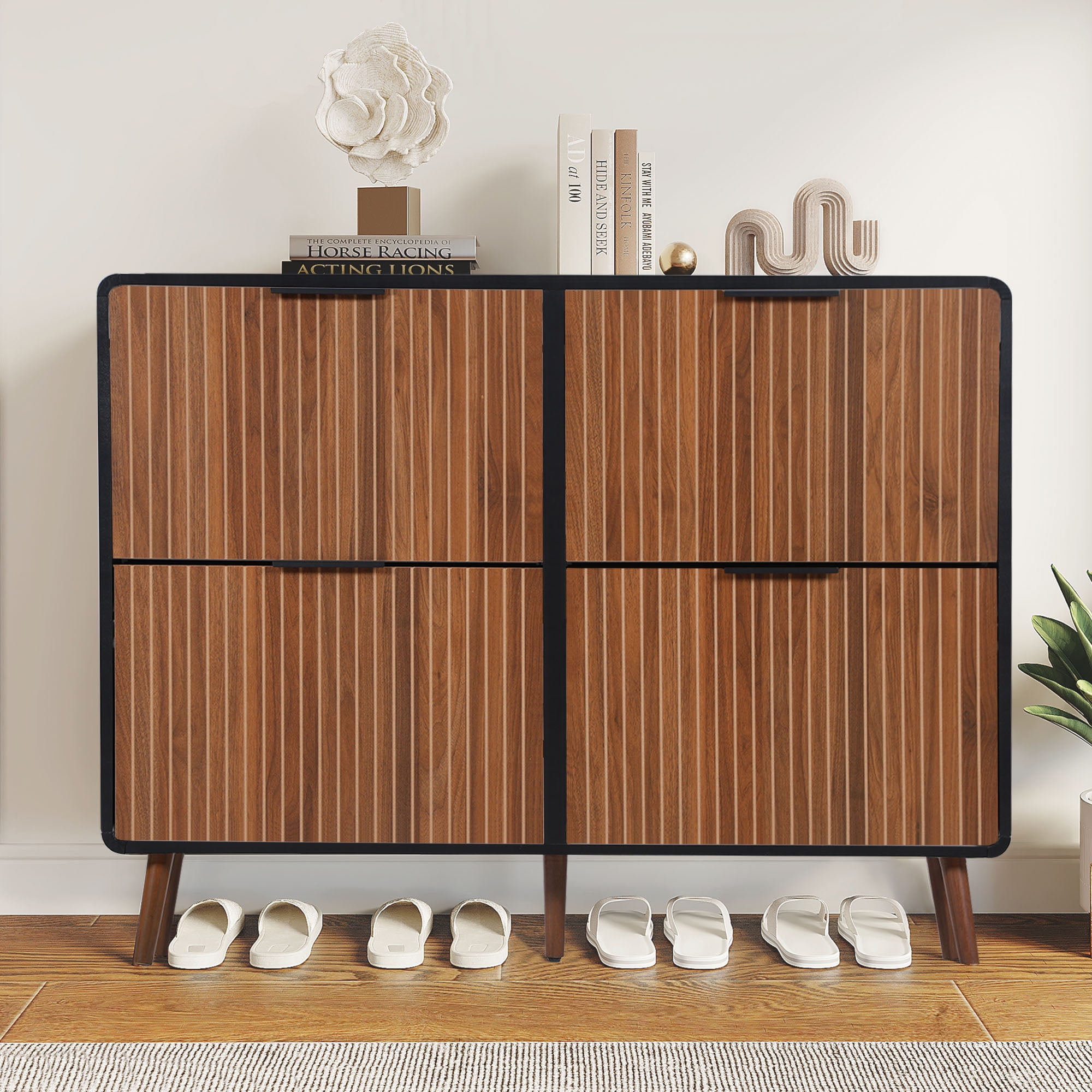 LEFHDA 47" Wide Fluted Large Shoe Cabinet with 4 Flip Drawers, 28 Pairs Slim Freestanding Shoe Cabinet Organizer, Narrow Shoes Storage Rack for Entryway, 5 Sturdy Legs (Walnut)