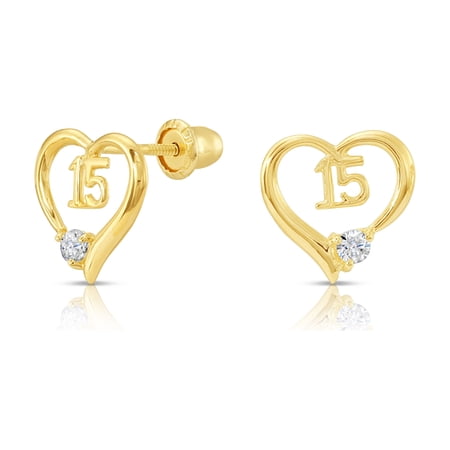 Tilo Jewelry 10K Yellow Gold Open Heart Sweet 15 CZ Stud Post Earrings with Secure Screw-Backs | Everyday Dainty Small Earrings for Women & Unisex