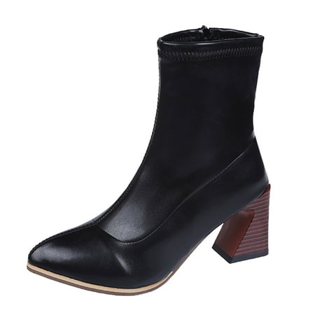 

Qufokar Easy Slip On Snow Boots for Women Womens Sock Booties And Boots Wommen Boots Fashion Comfortable Pointed Toe Thick Heel Side Zipper Solid Color Autumn And Winter
