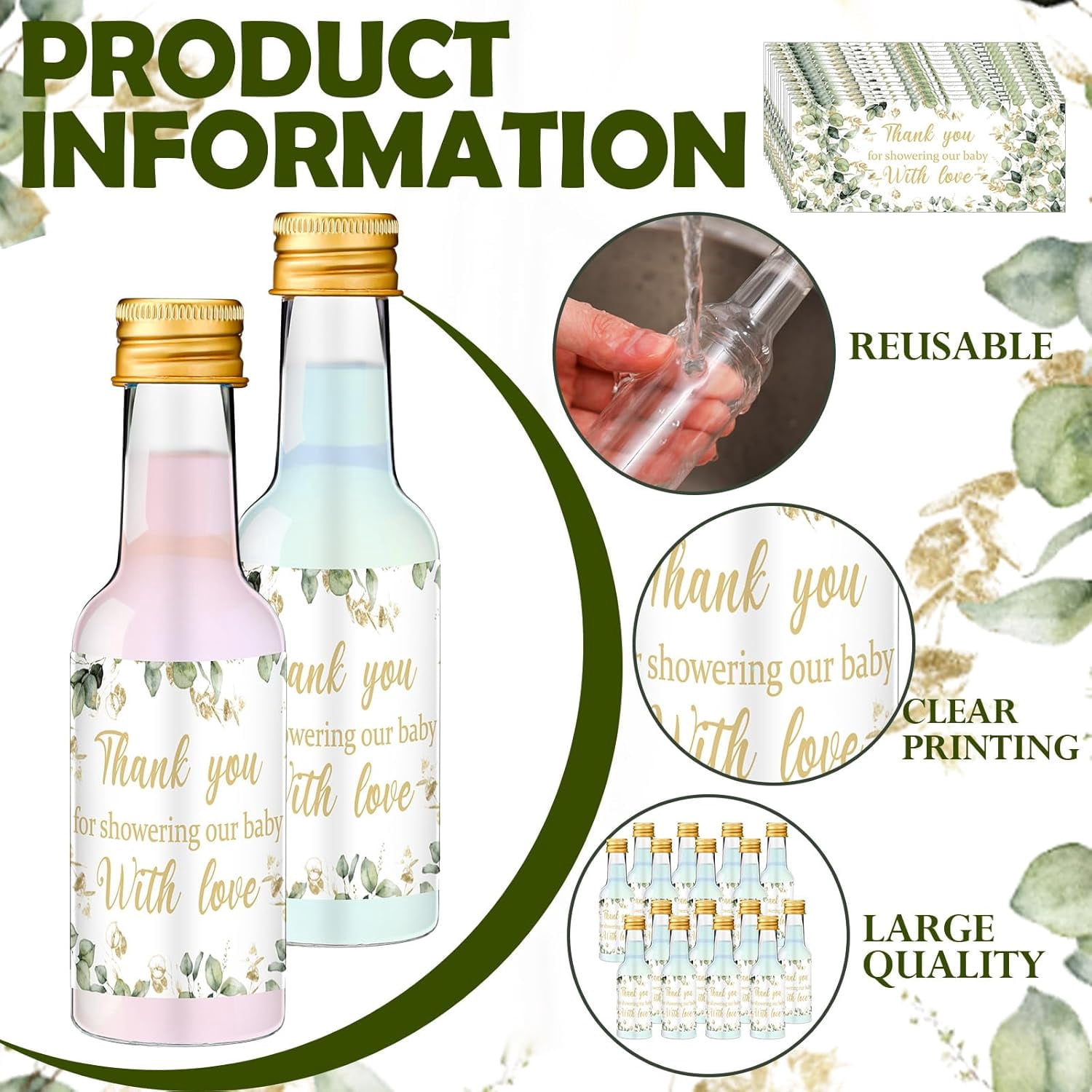 50 Pack Baby Shower Mini Liquor Bottles 2oz Shot Bottle with Cap Baby Shower Favor for Guest Gender Reveal Party Favor Thank You Funnel Sticker for Guest Gift Newborn Baptism Party Decoration
